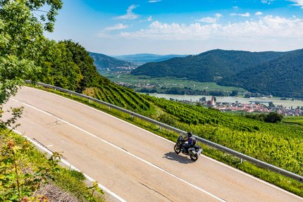 Motorradfahrer auf kurviger Landstraße mit Weinbergen und Fluss im Hintergrund