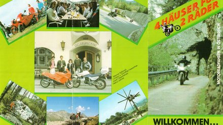 Motorradfahrer und Gruppenbilder in Österreich auf grünem Hintergrund, willkommen