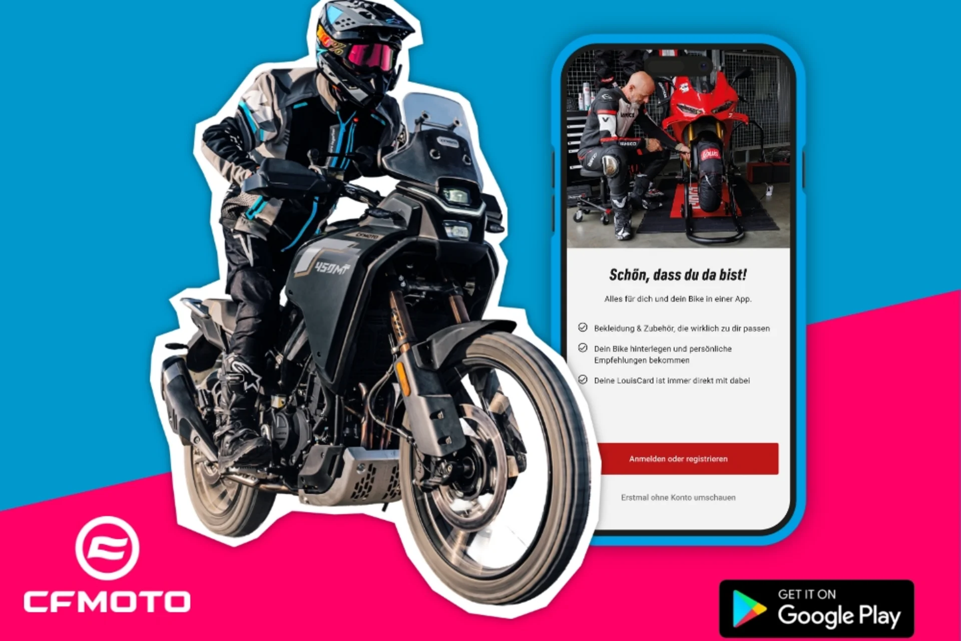 Motorradurlaub © Detlev Louis Motorrad-Vertriebsgesellschaft mbh Motorradfahrer auf CF Moto 450 MT vor Smartphone mit Louis App auf blauem und pinkem Hintergrund