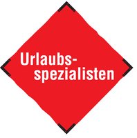 Rotes Quadrat mit weißem Text Urlaubsspezialisten