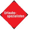 Rotes Quadrat mit weißem Text Urlaubsspezialisten