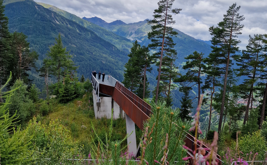 MoHo Schönauer Hof tour 11 Schwägalp Mountain viewing platform with trees and purple flowers in the foreground