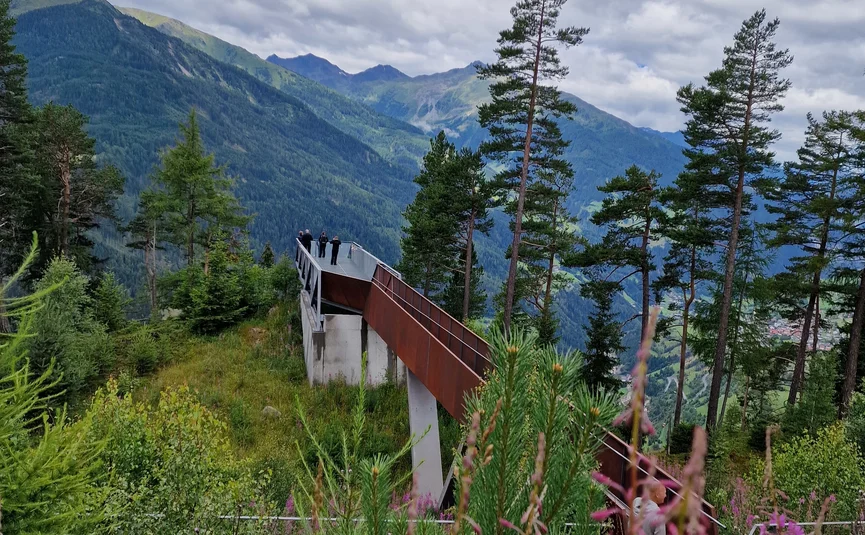 Mountain viewing platform with trees and purple flowers in the foreground