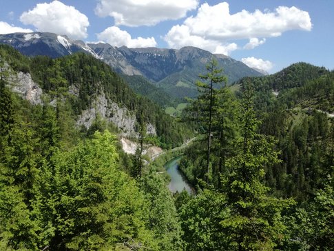 Grenzgebiet Oststeiermark-Südburgenland © Leberzipf Didi Blick auf bewaldete Berge und einen Fluss unter blauem Himmel mit Wolken