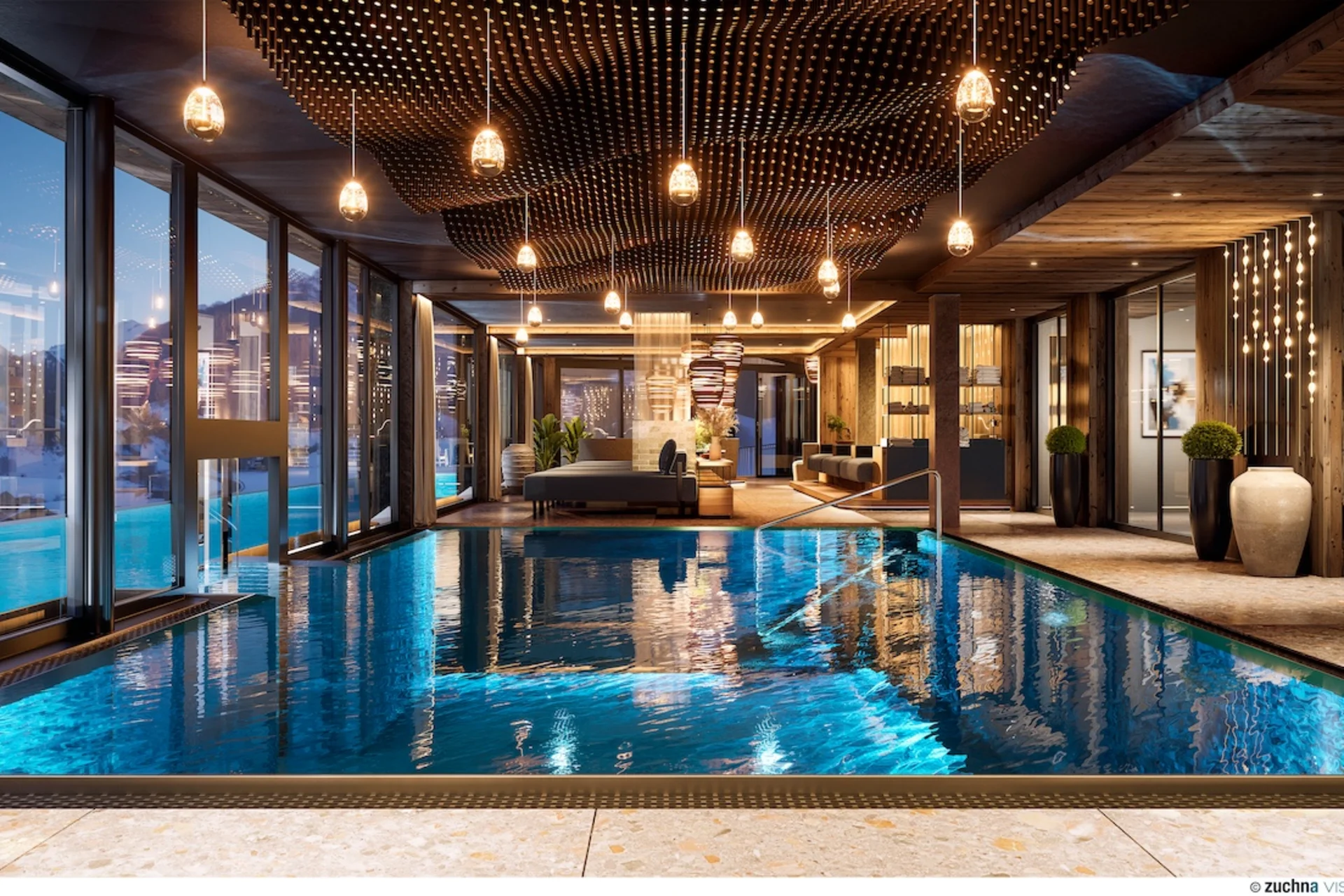 Motorradurlaub © Designer Motel Glockna - Zuchna Visualisierung Elegantes Hallenbad mit Lounge, Panoramafenstern und hängenden Leuchten