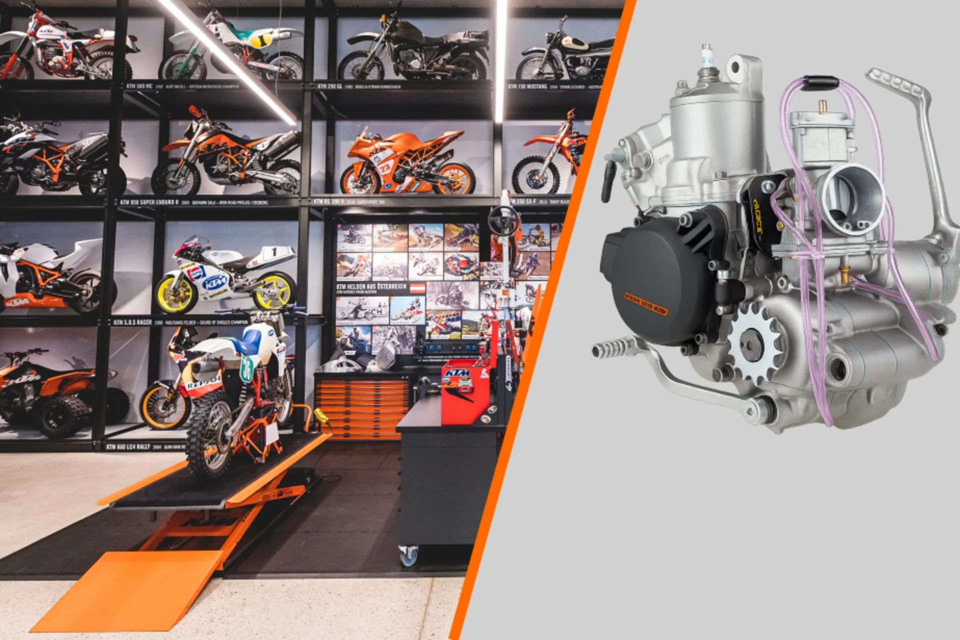 Motorradmuseum mit ausgestellten KTM-Bikes und Nahaufnahme eines Motorbauteils