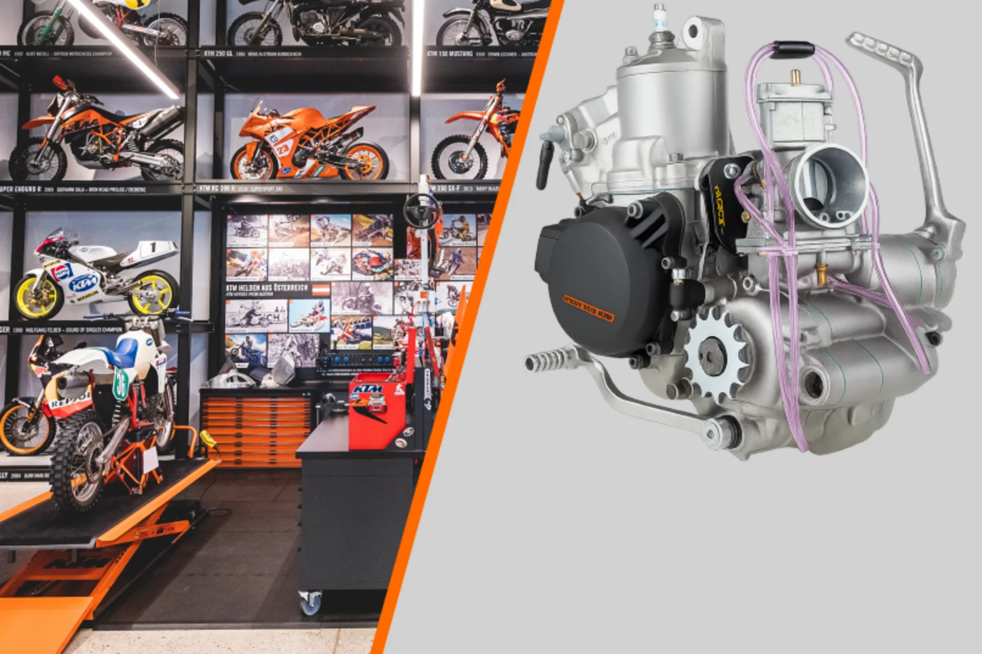 Motorradmuseum mit ausgestellten KTM-Bikes und Nahaufnahme eines Motorbauteils
