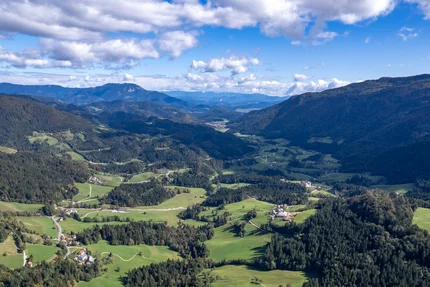 Luchtfoto van groen bergdal met verspreide huizen en beboste hellingen
