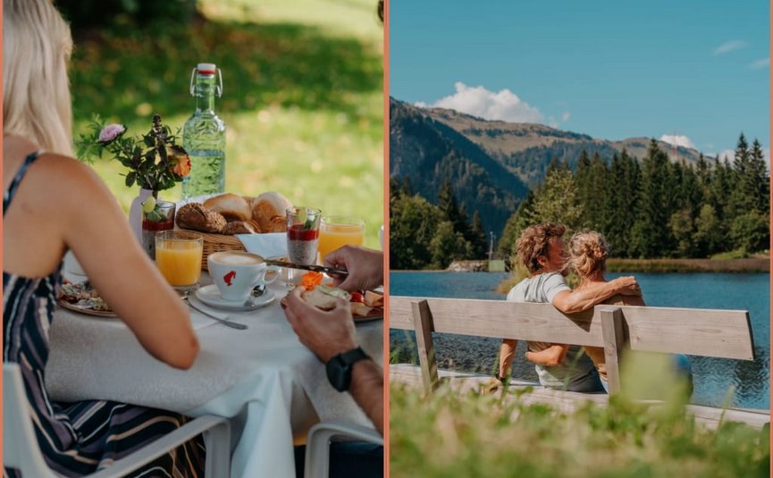 Paar beim Frühstück im Garten und auf einer Bank am See in den Bergen