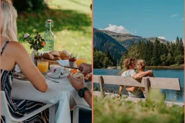 Für Euch Zwei - Zeit, die bleibt Paar beim Frühstück im Garten und auf einer Bank am See in den Bergen