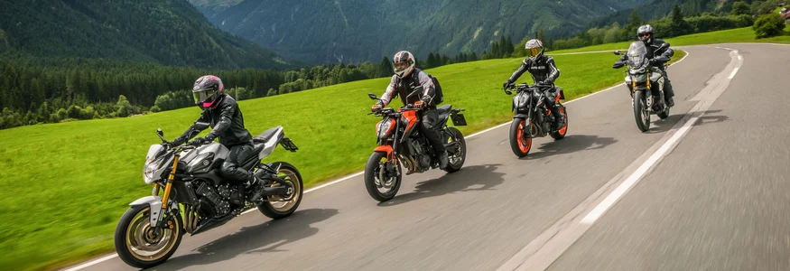 Vier Motorradfahrer fahren auf einer Bergstraße mit grünen Wiesen und bewölktem Himmel