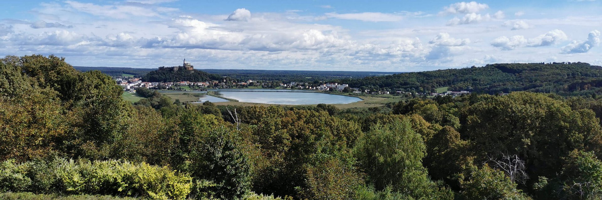 Grenzgebiet Oststeiermark-Südburgenland © Leberzipf Didi Blick auf eine grüne Landschaft mit einem See und einer Burg im Hintergrund