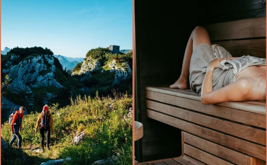 Twee wandelaars in de bergen en een persoon die ontspant in de sauna