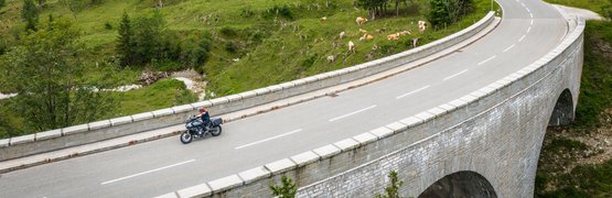 Motorradurlaub in Bayern © Moppetfoto.de Motorradfahrer auf einer Brücke in bergiger Landschaft mit Kühen und Tannen
