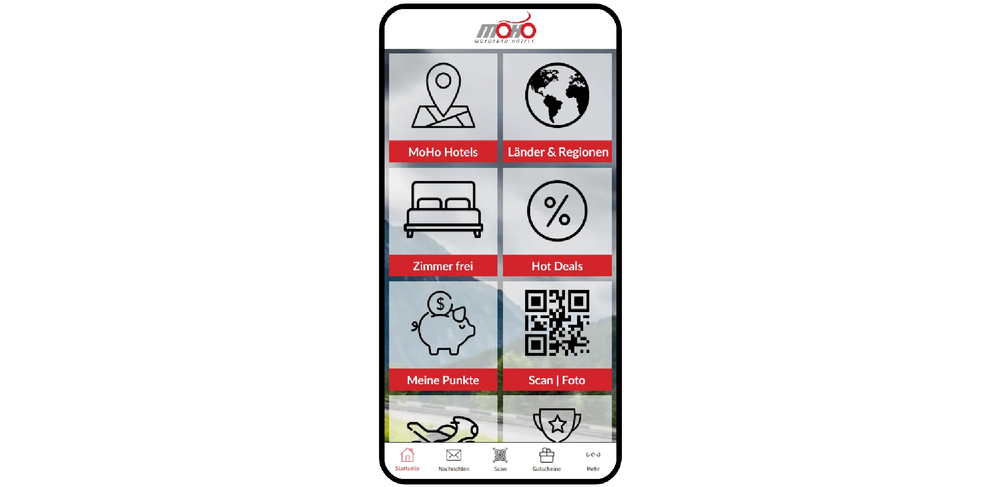 My MoHo-App © MoHo & Hello Again Smartphone mit MoHo Hotels App und Symbolen für Hotels, Regionen, Zimmer, Angebote