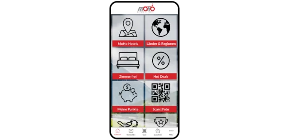 My MoHo-App © MoHo & Hello Again Smartphone mit MoHo Hotels App und Symbolen für Hotels, Regionen, Zimmer, Angebote