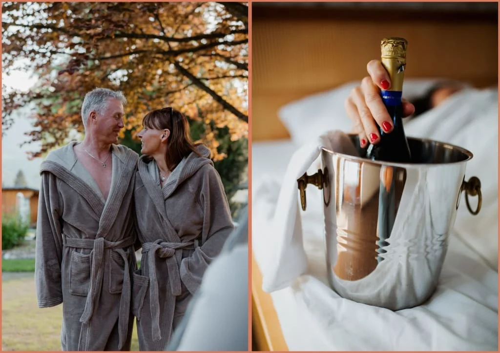 Für Euch Zwei - Zeit, die bleibt Koppel in badjassen en champagnefles in ijsemmer in slaapkamer