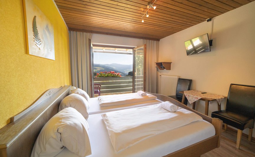 Gemütliches Hotelzimmer mit zwei Betten und Balkon mit Bergblick