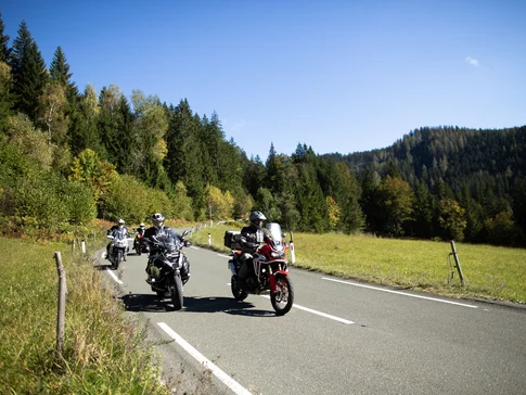 Motorradfahrer fahren auf Landstraße durch grüne Landschaft bei klarem Himmel