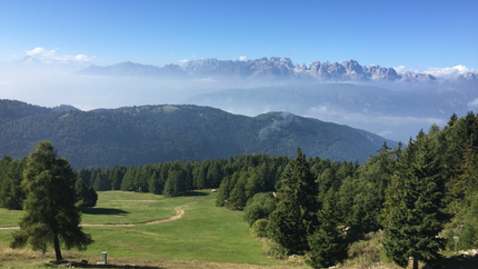 Fahrspaß am Monte Bondone Grüne Wiesen und Nadelbäume mit nebligen Bergen im Hintergrund unter blauem Himmel