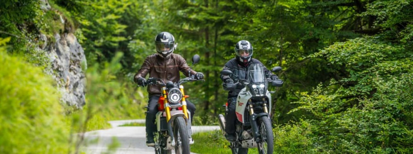 Kurvenwochenende Twee motorrijders rijden over een kronkelende weg door groen bos