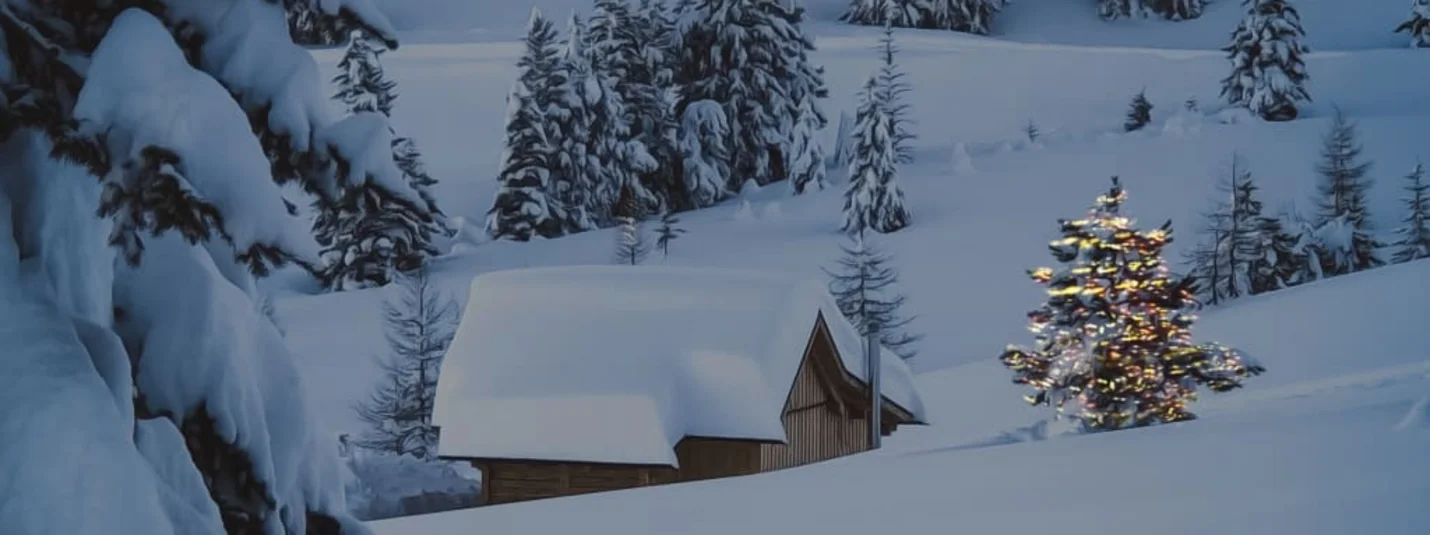 Ihr Weihnachtsfest im Schnee Schneebedeckte Hütte und beleuchteter Tannenbaum in verschneiter Winterlandschaft