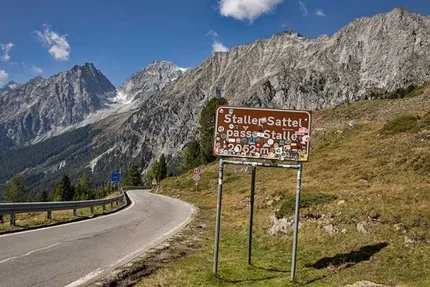Staller Sattel mountain pass sign at 2052 m in the Alps