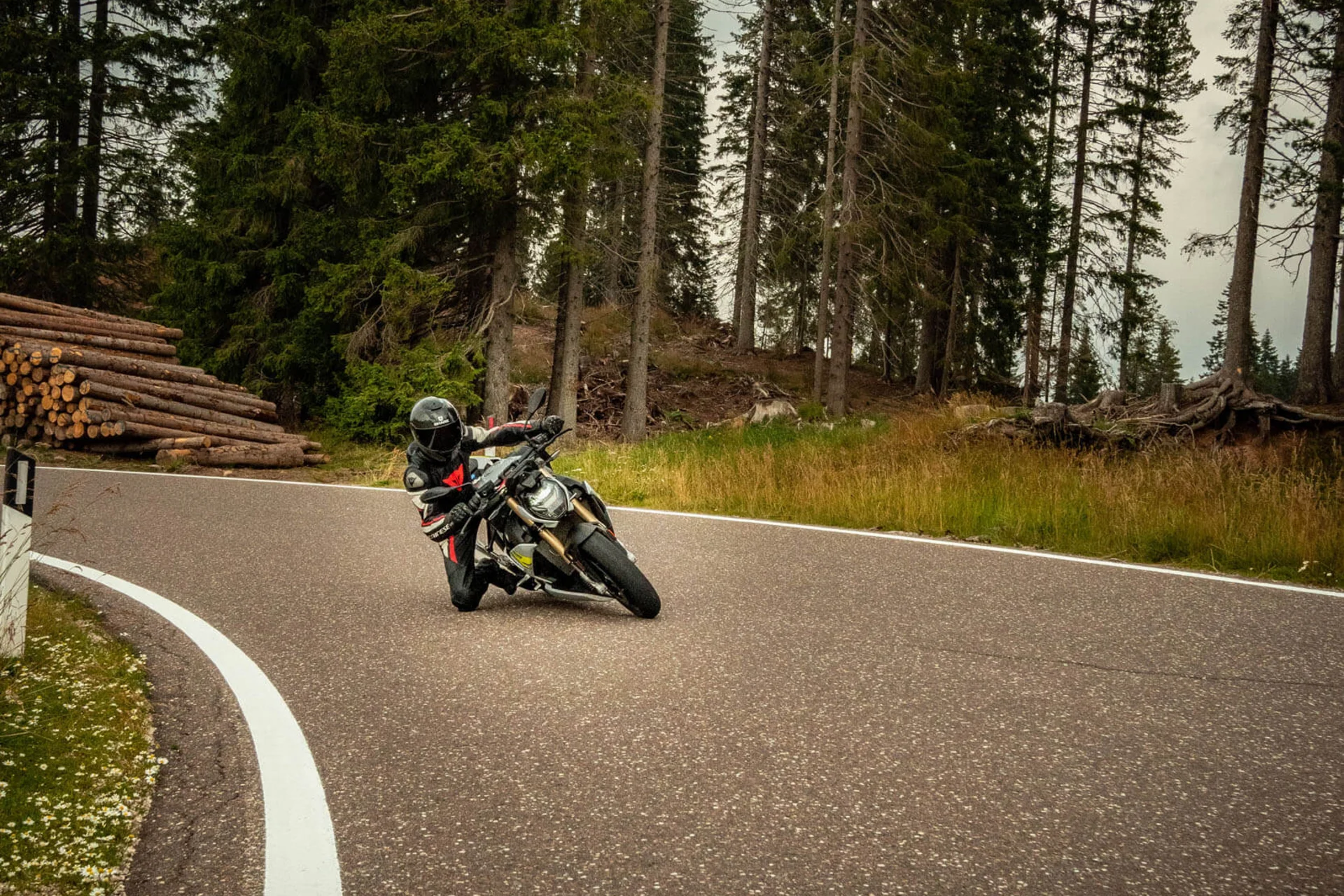 Motorradurlaub © Andrea Acler Motorradfahrer fährt kurvig durch bewaldete Straße bei bedecktem Himmel