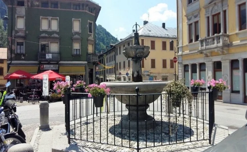 Ham Tour-San Daniele Stone fountain with flowers and surrounding historic buildings