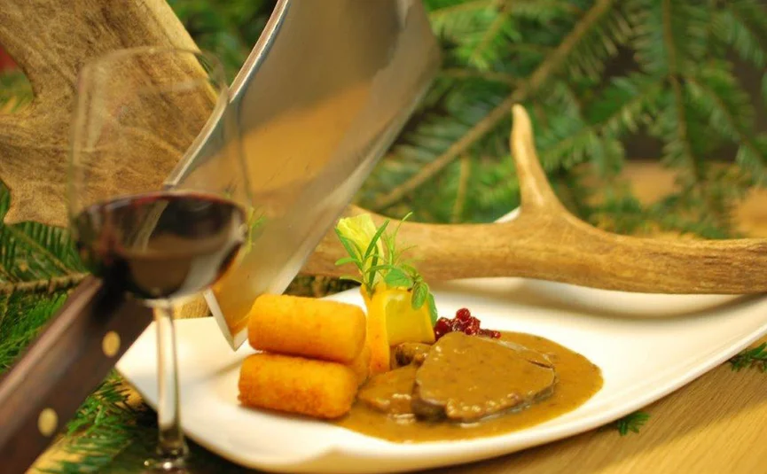 Game dish with sauce, croquettes, and red wine served in hunting style