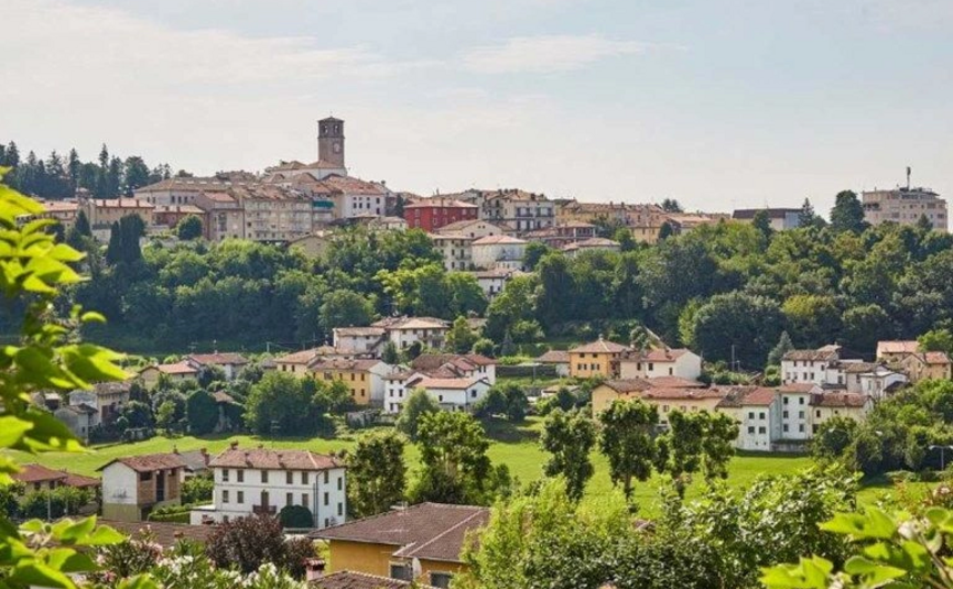 Blick auf eine Stadt auf einem Hügel mit Bäumen und Häusern im Vordergrund