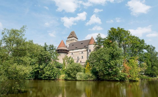 Mittelalterliches Schloss mit Türmen hinter Bäumen an einem See