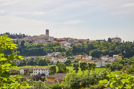 View of a village with houses, trees, and a church tower under daylight