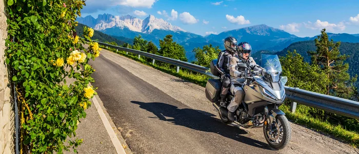 Two motorcyclists riding a mountain road with flowers and mountains in background