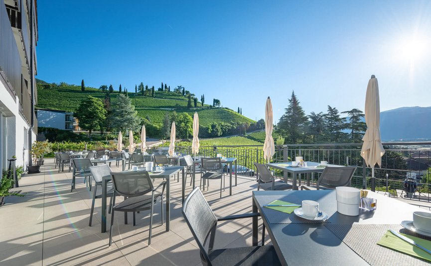 Terrasse mit Bestuhlung und Tischen bei sonnigem Wetter mit Blick auf Weinberge