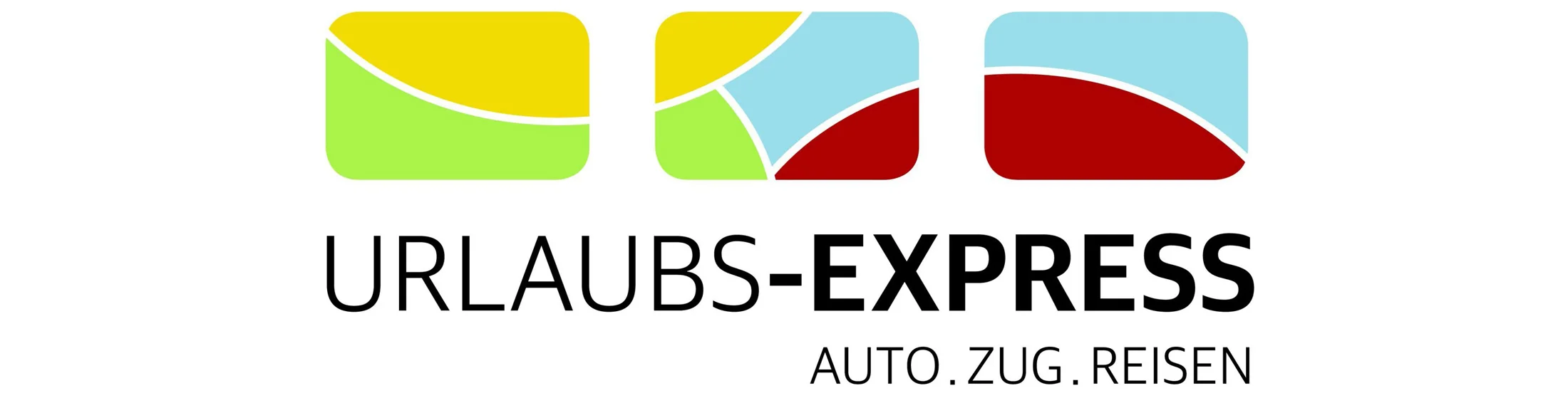 Logo von Urlaubs-Express mit bunten Formen und Text Auto Zug Reisen
