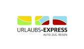 Logo von Urlaubs-Express mit bunten Formen und Text Auto Zug Reisen