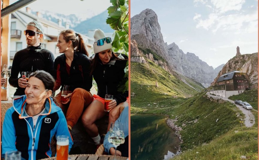 Gruppe von Menschen trinkt und spricht draußen, daneben Berglandschaft mit Hütte