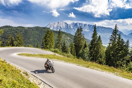 Motorradfahrer auf kurviger Bergstraße mit Tannen und Bergen im Hintergrund