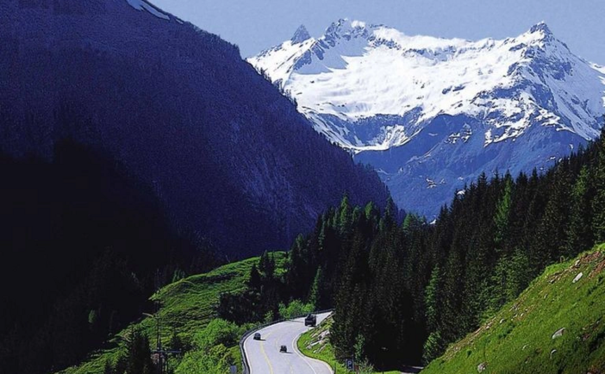 Gebirgsstraße mit Autos, grünen Wäldern und schneebedeckten Gipfeln