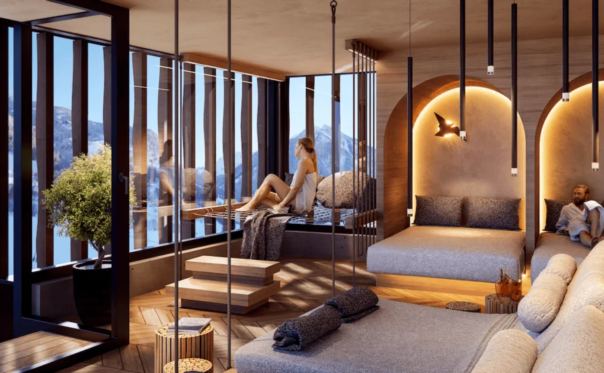 Eleganter Ruheraum mit zwei Personen, Liegen und Bergblick durch große Fenster