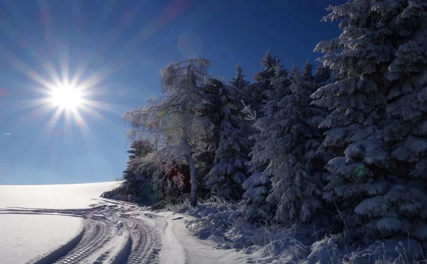 WELLNESS-TAGE am Wochenende Winterlandschaft mit verschneiten Bäumen und Sonnenlicht am klaren Himmel