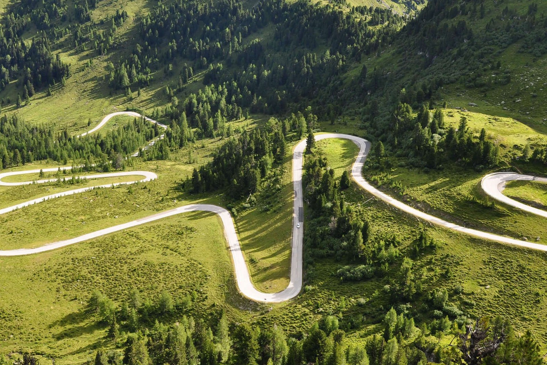 Kurvige Bergstraße durch grüne Landschaft und Hügel