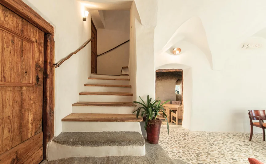 Rustic indoor staircase with wooden door and potted plant