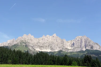 Rocky mountain range under clear blue sky with forest in foreground