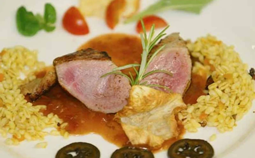 Gourmetgerecht met rosé vlees, saus, rijst en groenten op bord
