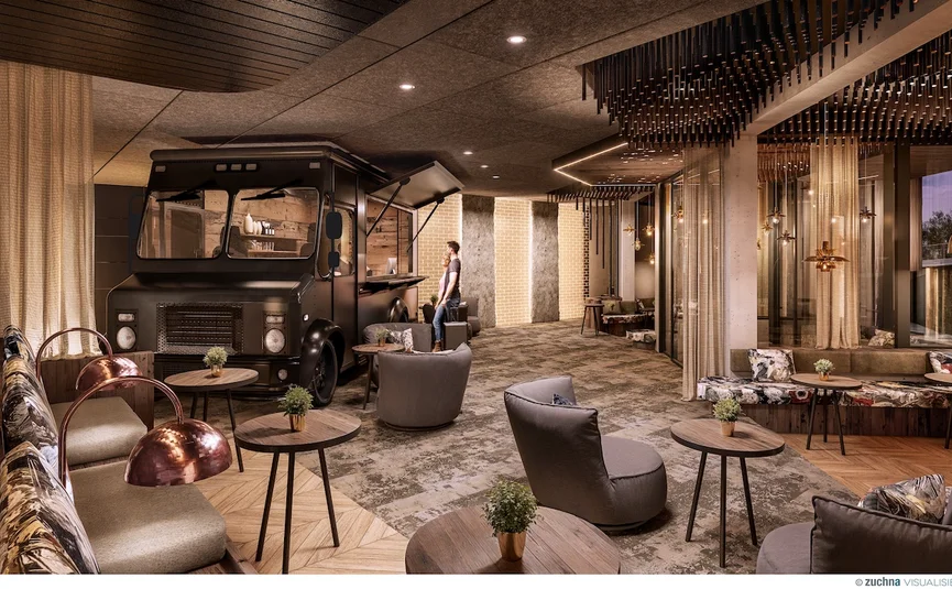 Elegante Hotellobby mit Vintage-Fahrzeug, Sitzgruppen und warmem Licht