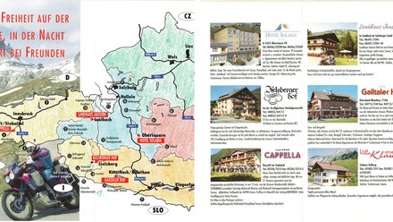 Motorradhotels und Karte der Alpenregion mit Route und Unterkünften