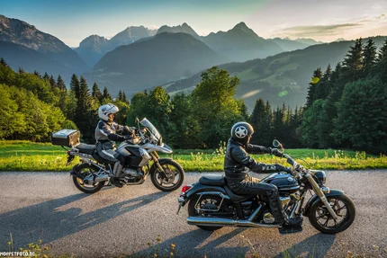 Zwei Motorradfahrer auf Bergstraße mit Alpenkulisse bei Sonnenuntergang