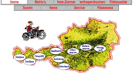 Geschichte der MoHo's Karte mit Orten und einem Motorradtouristen